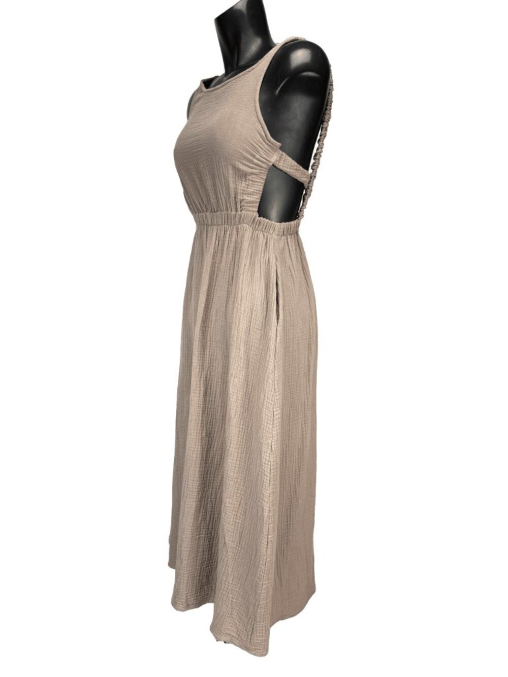 RUFINA Crinkled Minimalist Open Back Elastic Waist Light Beige Midi Dress S